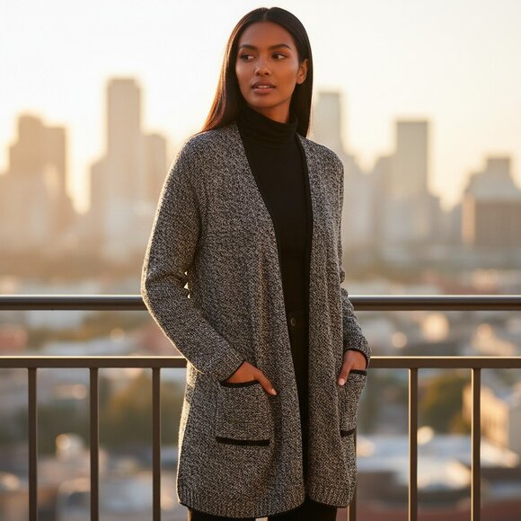 Soft Surroundings Sweaters - SOFT SURROUNDINGS Black Cardigan L Sweater Knit Duster Metallic Silver Topper